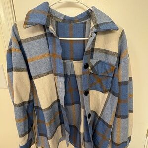 Blue and Cream Plaid Button-Up Shirt